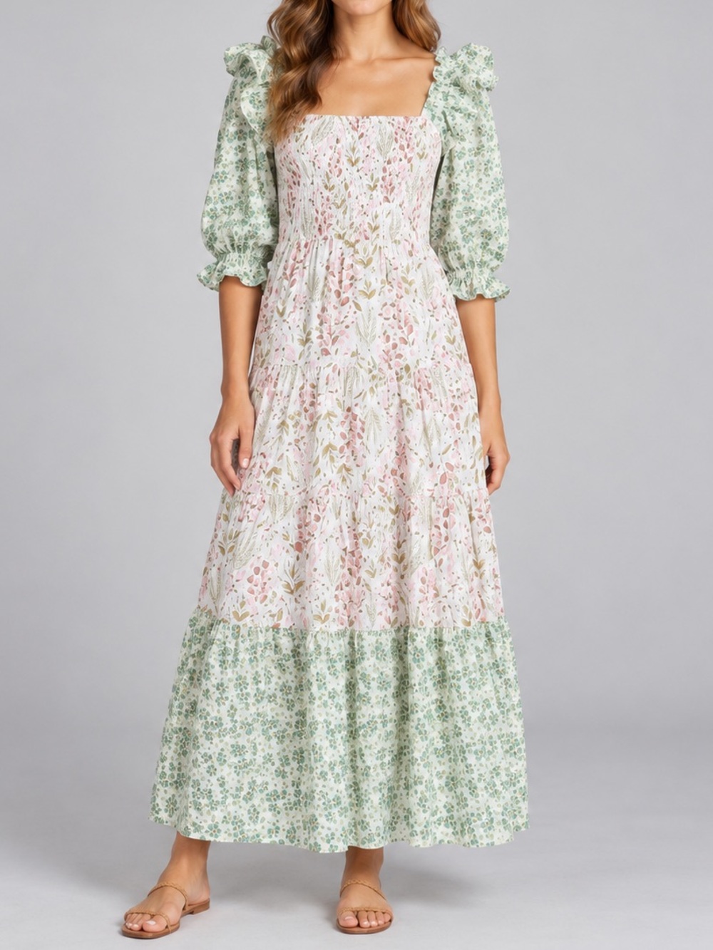 Melloday Eyelet Floral Smocked Puff Sleeve Tiered Maxi Dress Green Pink XS